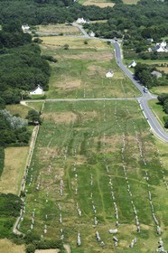 France, Morbihan, Carnac, row of megalithic standing stones at Menec (aerial view)