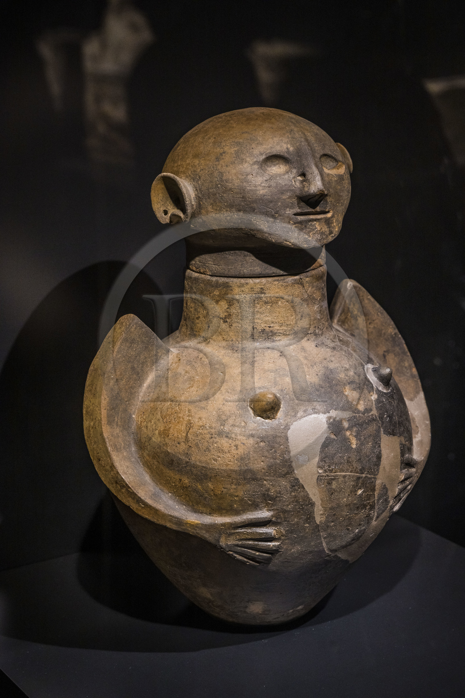France, Gard (30), Nîmes, Musée de la Romanité, urne cinéraire anthropoide étrusque, vase canope à tête de femme en terre cuite (Castiglion del lago fin du VIIème siècle av. J.-C.)(exposition temporaire) France, Gard (30), Nîmes, Musée de la Romanité, urne cinéraire anthropoide étrusque, vase canope à tête de femme en terre cuite (Castiglion del lago fin du VIIème siècle av. J.-C.)(exposition temporaire)