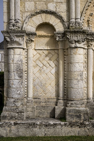 France, Charente Maritime, Echillais, the 12th century Romanesque church of Notre-Dame, classified as a historic monument, the Grand'Goule, one of the capitals of the western facade