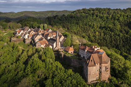 France, Bas-Rhin, Parc regional des Vosges du nord (Northern Vosges Regional Natural Park), La Petite Pierre, the castle of Lutzelstein at the tip of the old village, Vauban restructured the fortifications (aerial view)