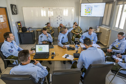 France, Bouches du Rhone, Salon de Provence, air base 701, base of the Patrouille de France (PAF for Patrouille acrobatique de France) of the French Air and Space Force, flight briefing under the direction of commander and leader Julien Decorte (left) in the premises of the Patrouille de France