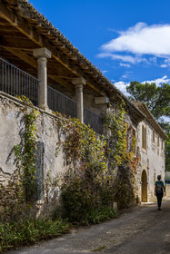 France, Gard, Saint-Maximin, village on the path along the route of the Roman aqueduct of Nimes, house with columns rue des Aires