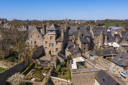 France, Côtes-d'Armor, Tréguier, back in granite of the birthplace of the writer Ernest Renan, half-timbered house dating from the 16th century and its garden, now the Ernest-Renan museum (aerial view)
