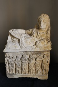 Italy, Tuscany, Val di Cecina, Volterra, Museo Etrusco Guarnacci (Guarnacci Etruscan Museum), cinerary (funerary) urn