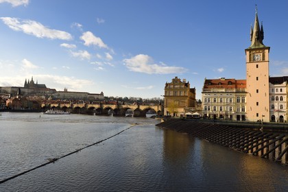 Czech Republic, Prague, historical centre listed as World Heritage by UNESCO, the Charles Bridge over Vltava River and the Old Town Water Tower