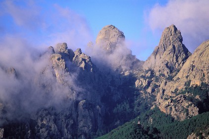 France, Corse du Sud, Alta Rocca, Bavella Needles in the clouds