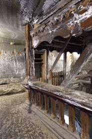 Romania, Transylvania, Cluj region, Turda, former Turda salt mine whose exploitation began in Roman times transformed into a leisure center and health, stairs covered with salt