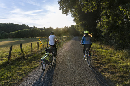 France, Maine-et-Loire, Loire valley listed as World Heritage by UNESCO, Saumur towards Saint-Hilaire, cycling along the banks of the Loire on the Loire à Vélo cycle path, bike with a trailer carrying camping equipment