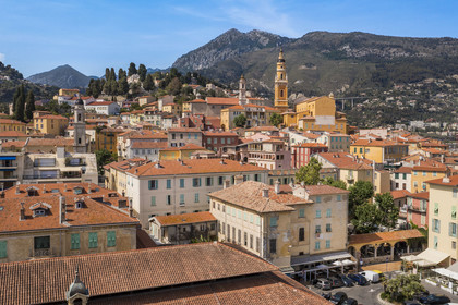 France, Alpes-Maritimes, Menton, old town dominated by the St Michel Basilica (aerial view)