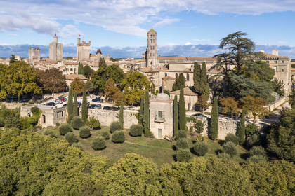 France, Gard, Uzès, the King's tower, the Eveché tower, the Ducal castle called Le Duché with the Bermonde tower and the Saint-Théodorit cathedral with the Fenestrelle tower on the right (aerial view)