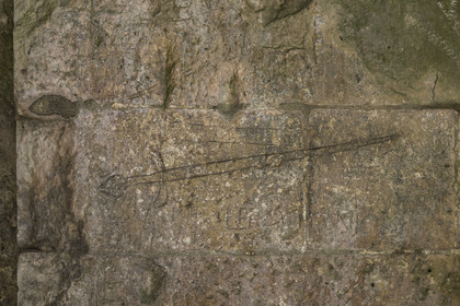 France, Charente Maritime, Saintonge, Marennes Hiers Brouage, Brouage citadel, labelled Les Plus Beaux Villages de France (The Most Beautiful Villages of France), graffiti under the Royal Gate representing a typical 17th century sword and engraved by the soldiers on duty