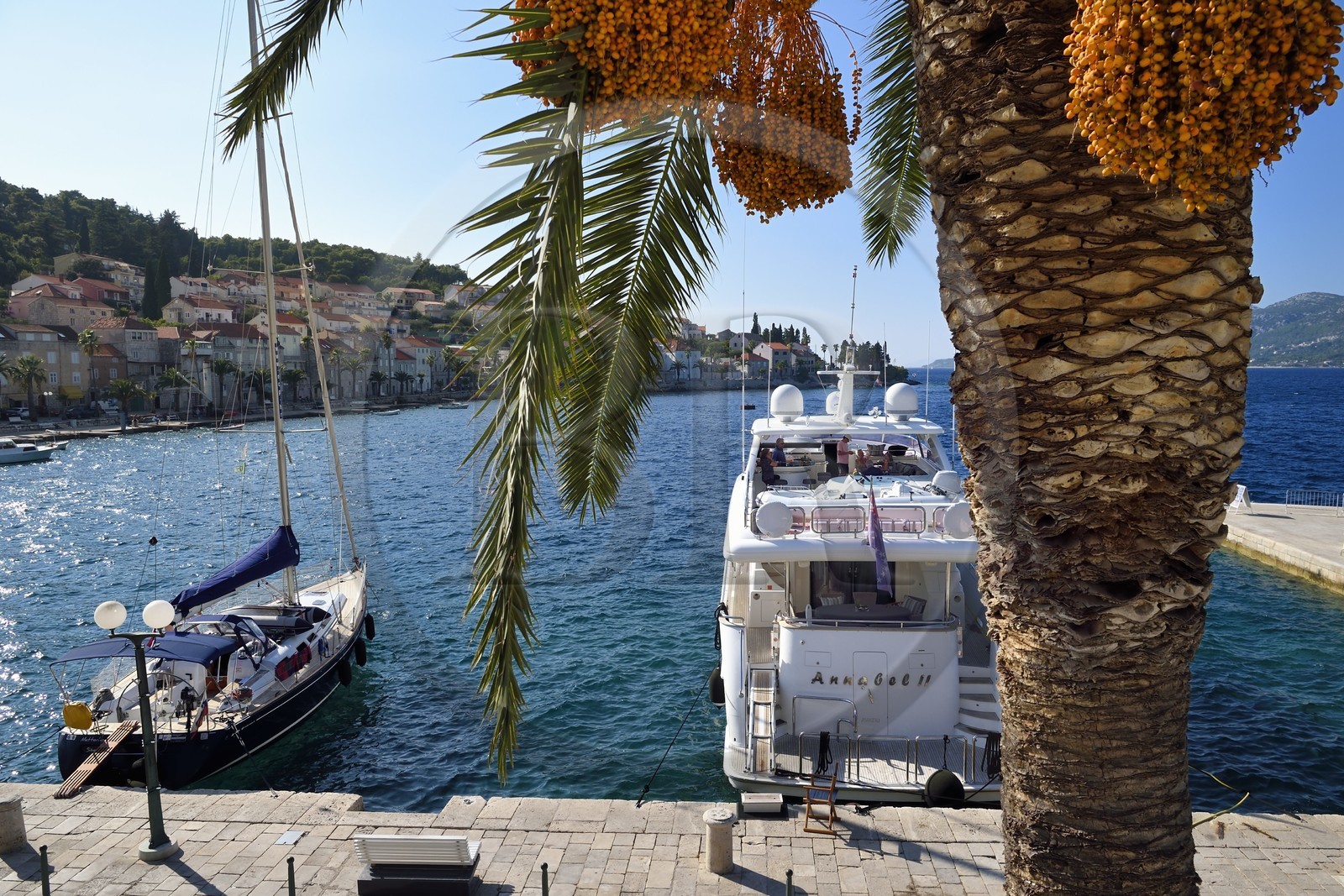 Croatia, Dalmatia, Dalmatian coast, Korcula Island, Korcula Town, boats docked in the harbor