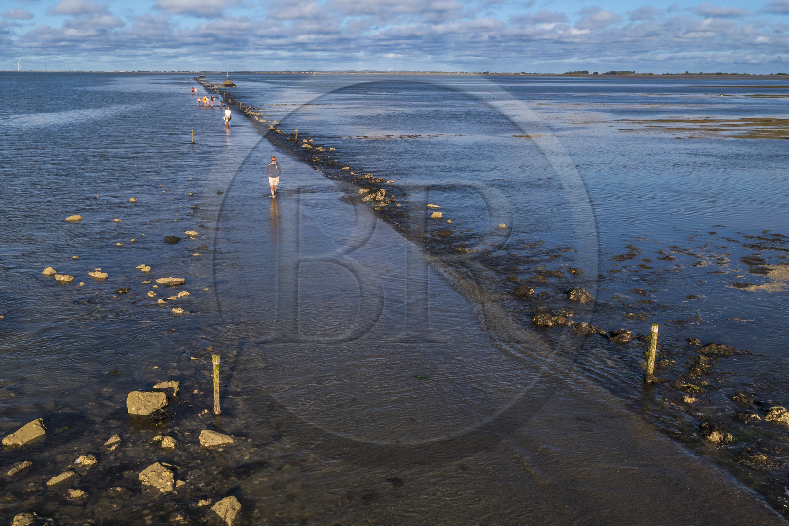 France, Vendee, Noirmoutier island, Barbatre, walkers on the Passage du Gois at rising tide, submersible causeway that connects the island to the mainland at low tide (aerial view)