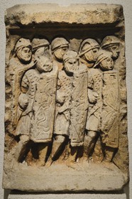 France, Rhone, Lyon, historical site listed as World Heritage by UNESCO, colline de Fourviere, Gallo-Roman Museum of Fourvière, Roman legionaries on a low relief from the site of Glanum dating 130 CE