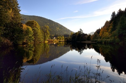 France, Vosges, Le Valtin in the upper valley of the Meurthe, the étang des dames (ladies' pond) crossed by the Meurthe river