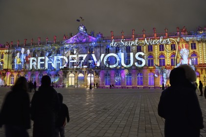 France, Meurthe-et-Moselle, Nancy, place Stanislas (former Place Royale) during the feast of Saint-Nicolas, listed as World Heritage by UNESCO, the Town Hall in the lights of Saint-Nicolas
