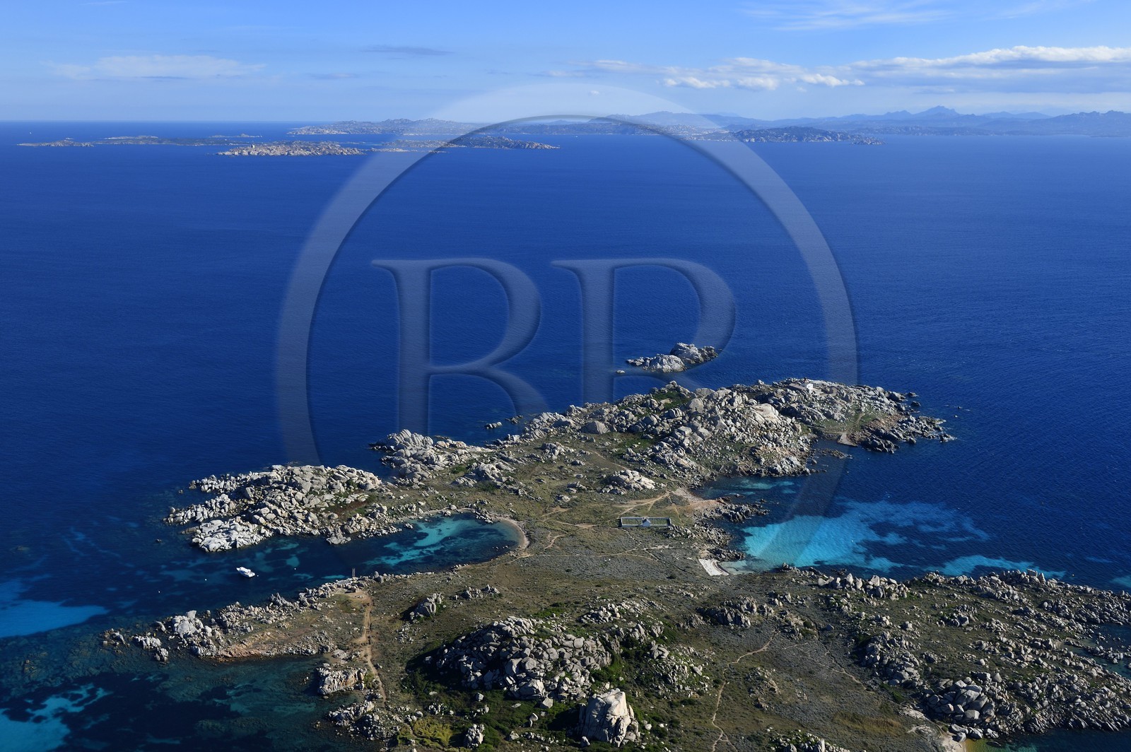 France, Corse du Sud, Bonifacio, Lavezzi Islands Nature Reserve and the Furcone cemetery hosting the graves of the Semillante shipwrecked men, Sardinia in the background (aerial view)