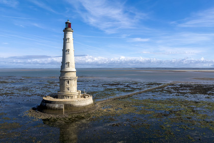 France, Gironde, Verdon sur Mer, rocky plateau of Cordouan at low tide, lighthouse of Cordouan, listed as World Heritage by UNESCO (aerial view)