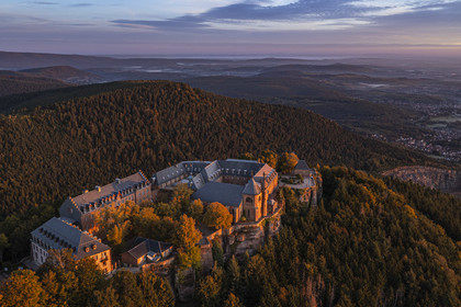 France, Bas Rhin, Mont Saint Odile, Mont Sainte-Odile Abbey also known as Hohenburg Abbey facing the plain of Alsace (aerial view)