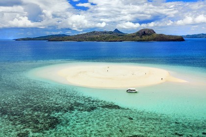 France, Mayotte island (French overseas department), Grande-Terre, M'Tsamoudou, islet of white sand on the coral reef in the lagoon facing Saziley Point (aerial view)