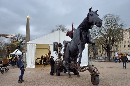 France, Meurthe-et-Moselle, Nancy, preparations for the parade of Saint-Nicolas place Carnot, mechanical puppet horse of the Paris-Benares Company