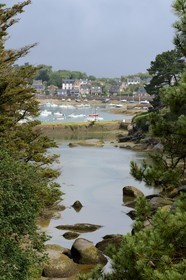 France, Cotes-d'Armor, Cote de Granit Rose (the Pink Granite coast), Traouiero valley and the port of Ploumanach in the background