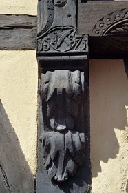 France, Bas Rhin, Strasbourg, old town listed as World Heritage by UNESCO, old tanner Hans Schenk house with carved wooden pan in the rue des dentelles, emblem of tanners