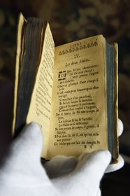 France, Aisne, Château-Thierry, Jean de La Fontaine Museum - city of Chateau-Thierry,  La Fontaine's Fables book, Claude Barbin Denys Thierry non illustrated edition, circa 1668, in-12, The Two Mules fable IV of book I
