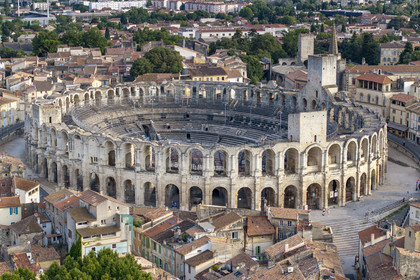 France, Bouches du Rhone, Arles, the Arena, a Roman amphitheater built around 80-90 AD, listed as World heritage by UNESCO, in the heart of the old town (aerial view)
