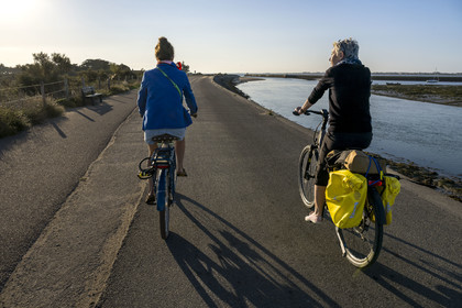 France, Vendée (85), Ile de Noirmoutier, Noirmoutier-en-l'Ile, cyclistes sur la chaussée Jacobsen