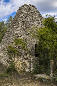 France, Gard, Uzès, capitelle, dry stone hut formerly used as a temporary shelter for small owners, their tools and their agricultural products in the scrubland