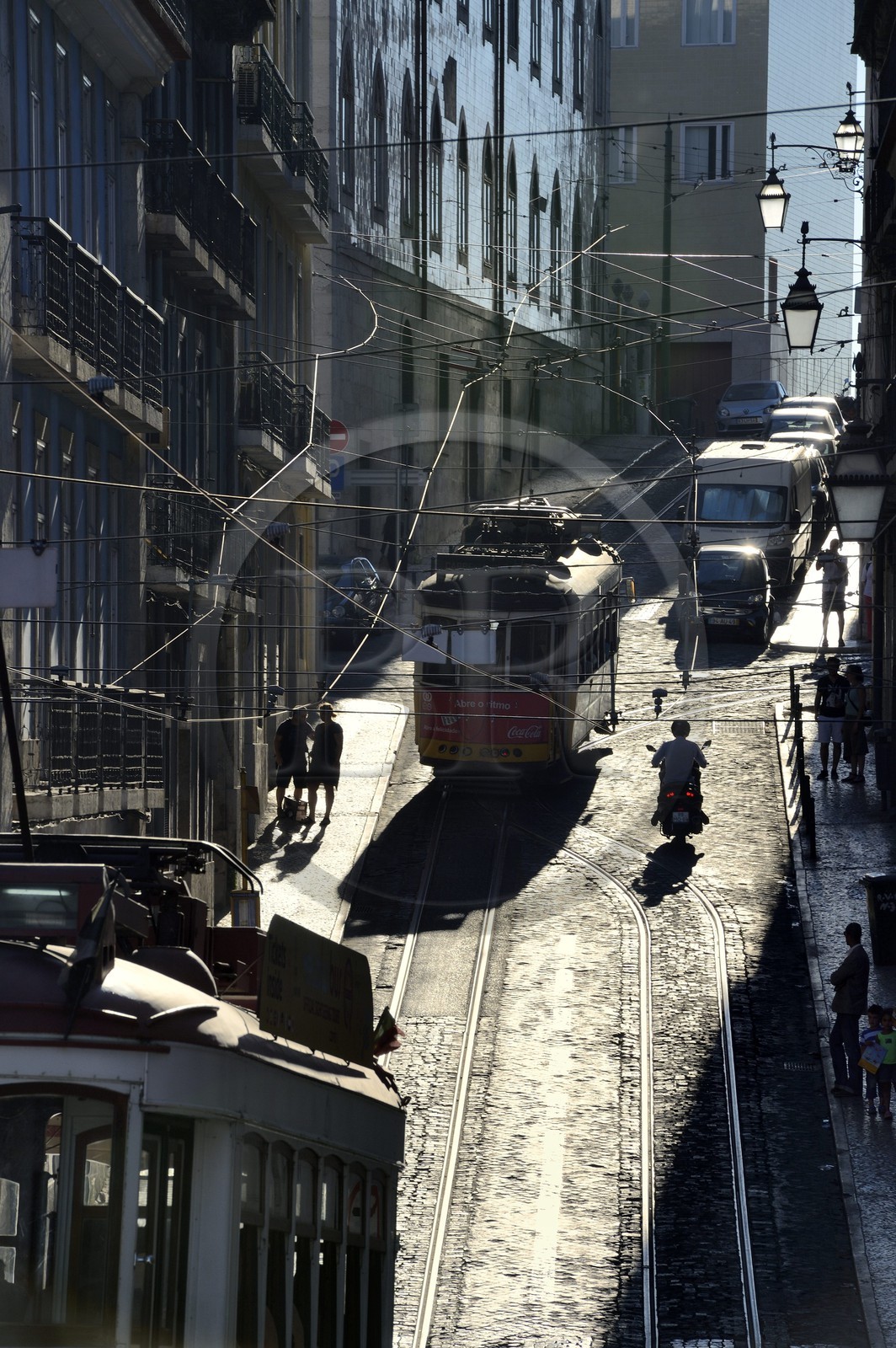Portugal, Lisbon, Chiado district, tram line 28 in the descent of the rua Cordon