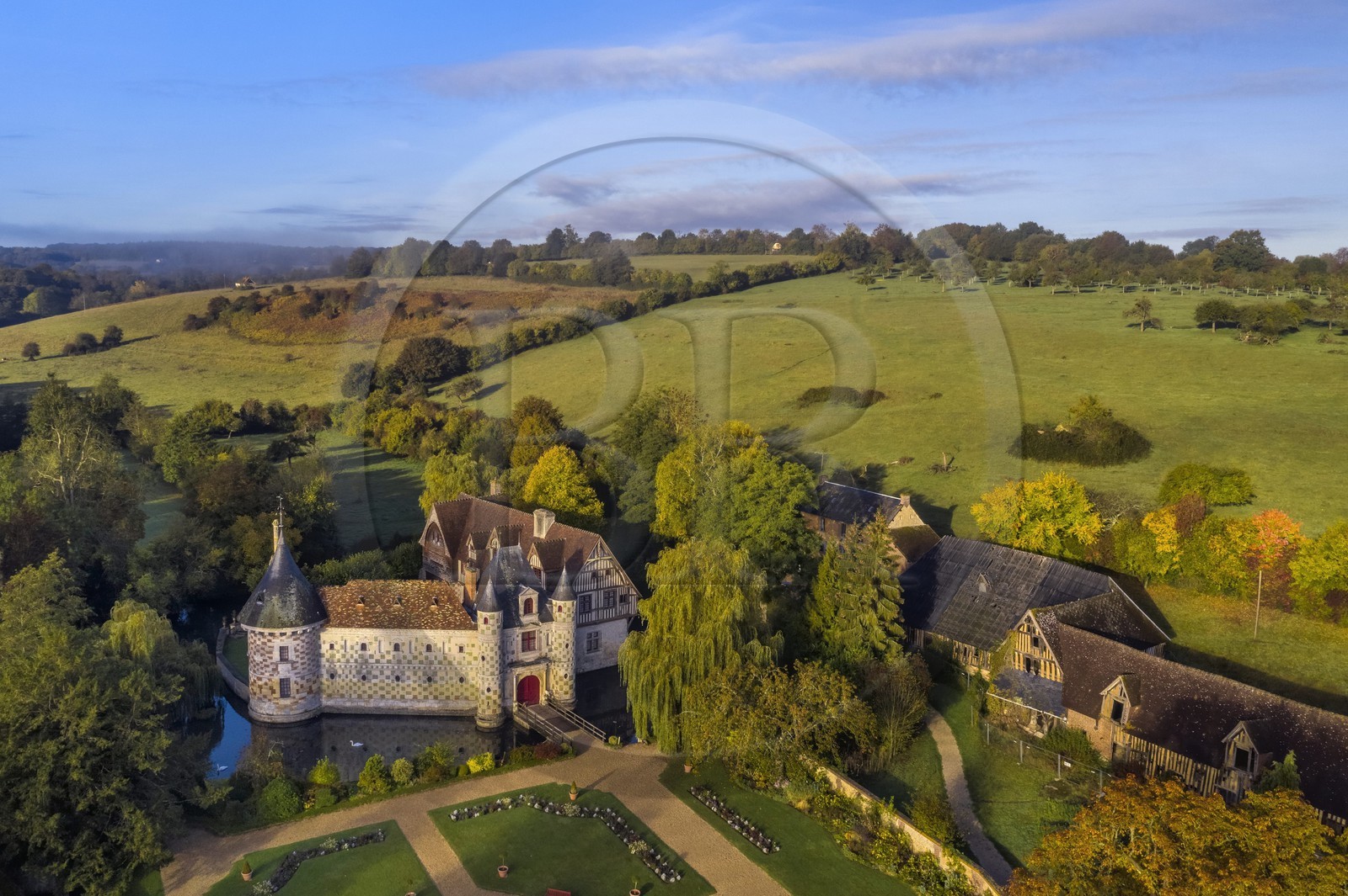 France, Calvados, Pays d'Auge, 15th and 16th century Saint Germain de Livet Castle labeled Museum of France (aerial view) France, Calvados, Pays d'Auge, 15th and 16th century Saint Germain de Livet Castle labeled Museum of France (aerial view)