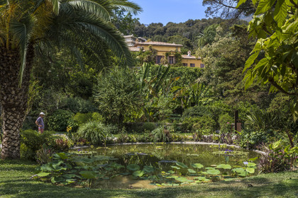 France, Alpes-Maritimes, Menton, Val Rahmeh Botanical Garden, water lilies basin and the villa