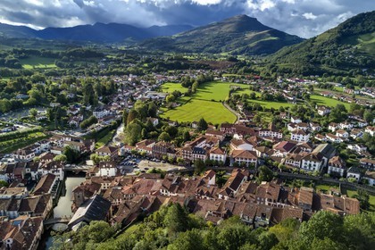 France, Pyrenees Atlantiques, Basque Country, Saint Jean Pied de Port, the Pont Vieux over the Nive of Beherobie river and Notre Dame du Bout du Pont church (aerial view)