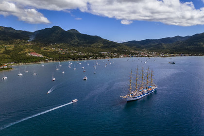 Caribbean, Dominica Island, Portsmouth, the Royal Clipper of the Star Clipper company in Prince Rupert Bay (aerial view)
