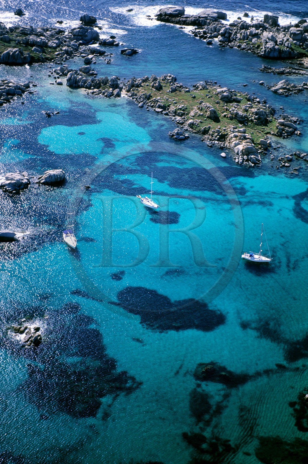 France, Corse du Sud, boats anchored in Lavezzi Islands archipelago (aerial view)