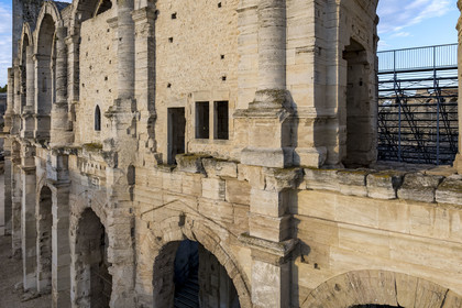 France, Bouches du Rhone, Arles, the Arena, a Roman amphitheater built around 80-90 AD, listed as World heritage by UNESCO, the two exterior galleries with the modifications of the medieval period (aerial view)