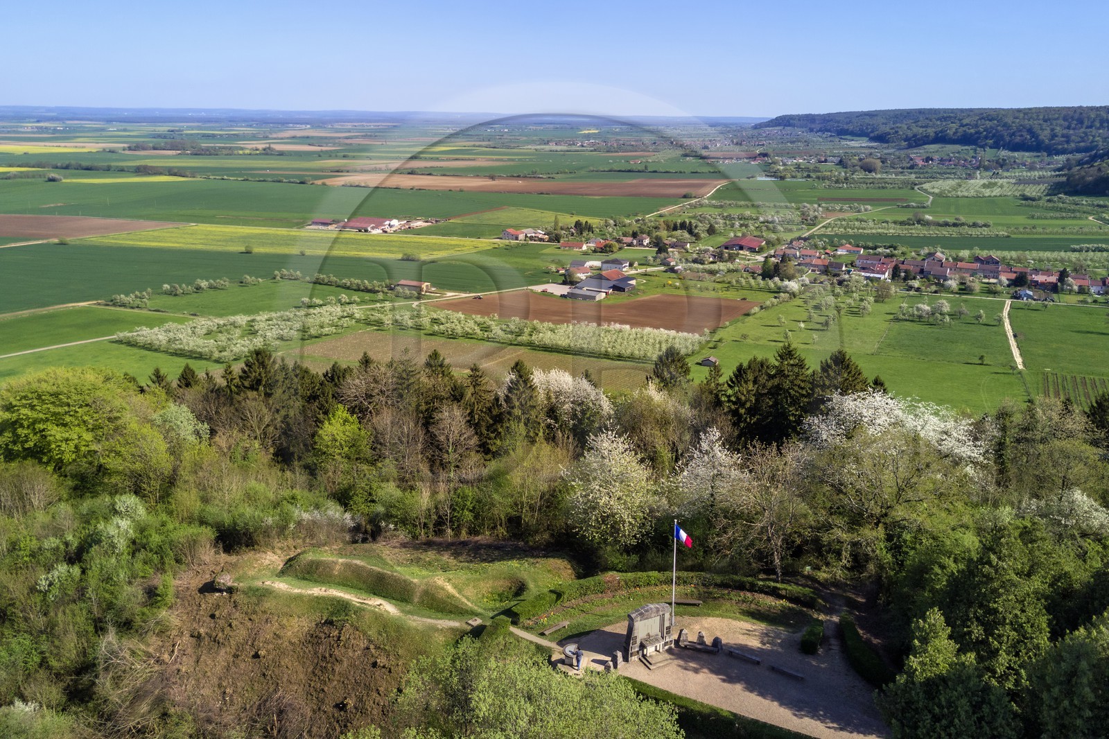 France, Meuse, Lorraine Regional Park, Cotes de Meuse, Les Eparges, traces of fighting of one of the bloodiest battles of the First World War, shell holes and point X Monument in memory of  Those who have no grave (aerial view)