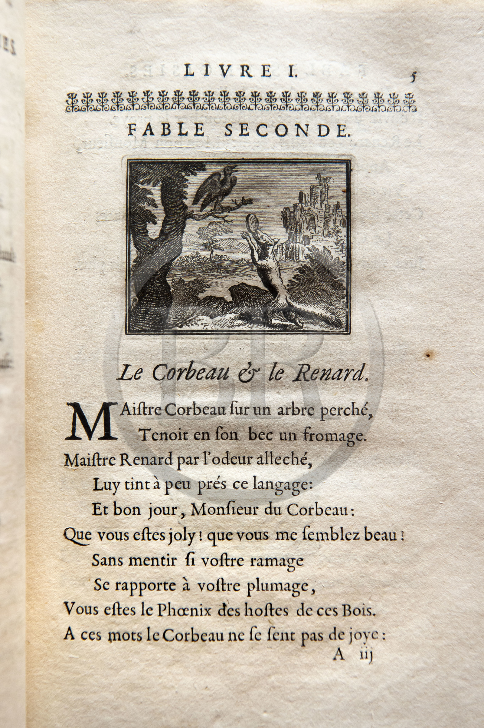 France, Aisne (02), Château-Thierry, Musée Jean de La Fontaine - Ville de Chateau-Thierry, première édition du livre des Fables de La Fontaine, Edition Claude Barbin et Denys Thierry, 1668, in-4, illustrées par François Chauveau, Le Corbeau et le Renard fable II du livre I