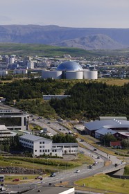 Iceland, Reykjavik, the cultural space the Perlan (The Pearl) overlooks the city, Perlan is constituted by six hot water tanks and surmounted by a gourmet and panoramic restaurant, he shelters the Museum of the legends