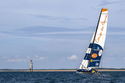 France, Vendee, Les Sables d'Olonne, skipper Manuel Cousin training on his 60-foot monohull sailboat IMOCA Coup de Pouce