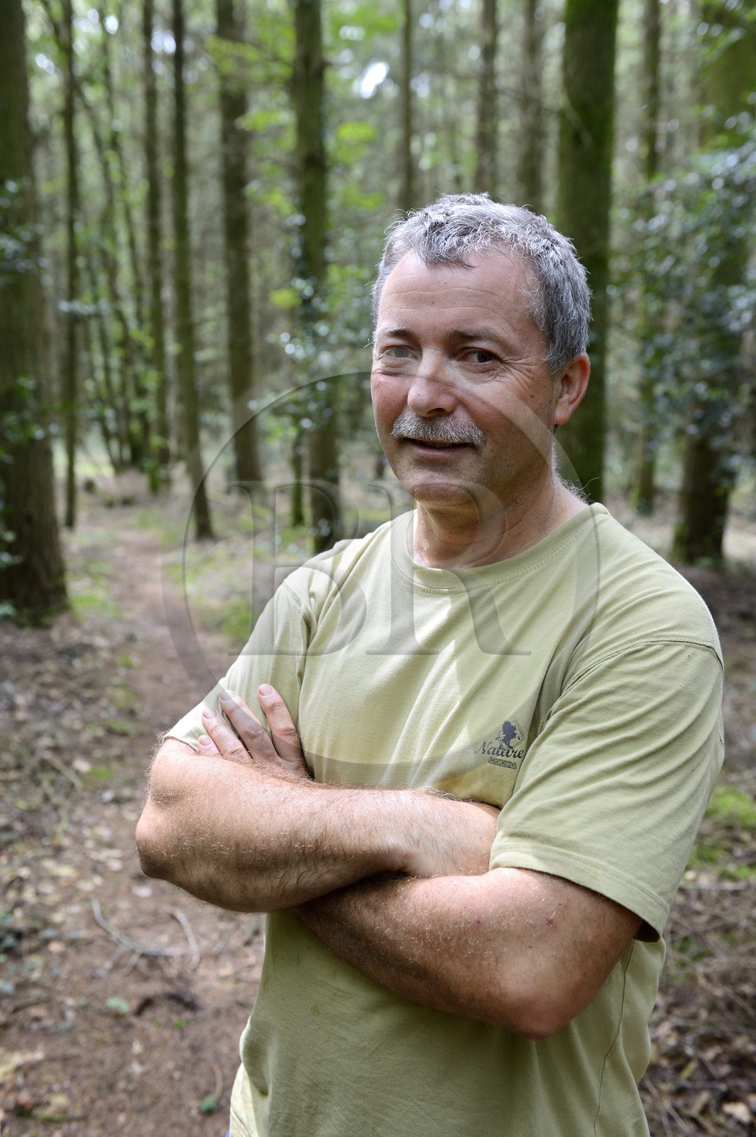France, Morbihan (56), forêt de Coëby, l'archéologue Philippe Gouezin
