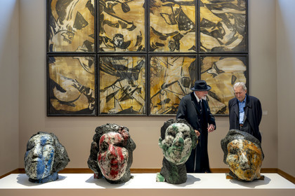 France, Paris, Musée Maillol art museum, German painter and sculptor Markus Lüpertz during his exhibition in dialogue with the work of Aristide Maillol, his gallerist Michael Werner on his right, painted bronzes and mixed media on paper