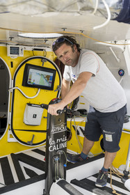 France, Vendee, Les Sables d'Olonne, Port Olona, Vendée Globe sailboat pontoon, le skipper Arnaud Boissière du voilier monocoque de 60 pieds IMOCA La Mie Caline