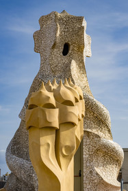 Spain, Catalonia, Barcelona, Eixample district, Passeig de Gracia, Pedrera or Casa Mila (1905-1910) by the Catalan modernist architect Antoni Gaudi, UNESCO World Heritage site, chimneys and ventilation towers on the roof terrace of the building