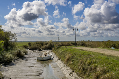 France, Loire-Atlantique (44), Lavau-sur-Loire, bateau de peche dans le port envasé en bordure de l'estuaire de la Loire à marée basse