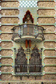 Spain, Catalonia, Barcelona, Casa Vicens (1883 - 1885) by Catalan modernist architect Antoni Gaudi, UNESCO World Heritage Site, windows with wrought iron grille and upper balcony