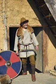 France, Calvados, Herouville Saint Clair, Domaine de Beauregard, Ornavik Historical Park, reconstitution of a Viking encampment of the year 1000, space composed of tents that the Vikings took with them on an expedition