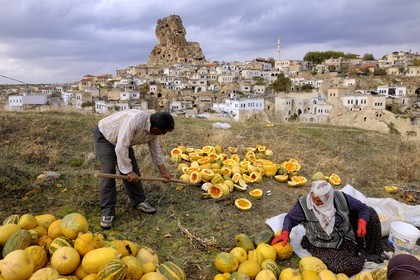 Turkey, Central Anatolia, Nevsehir Province, Cappadocia listed as World Heritage by UNESCO, Ortahisar troglodytic village, collecting watermelon seeds